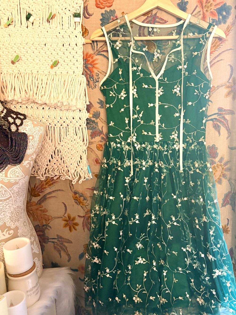 Voodoo Vixen Emerald Green Floral Mini Dress with White Embroidery